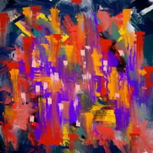 Dynamic and colorful abstract painting with vivid brushstrokes in a contemporary style.